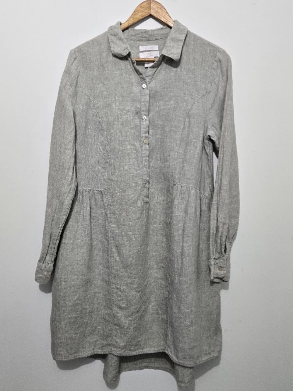 H by Halston 100% Linen Long Sleeve Babydoll Shirt Dress Size M Preppy Peasant